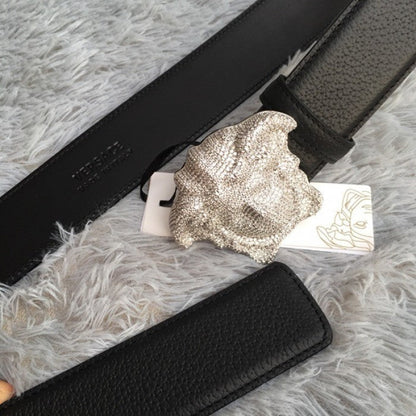 Versace 3D Medusa Diamond Togo Leather belt Black/ Silver