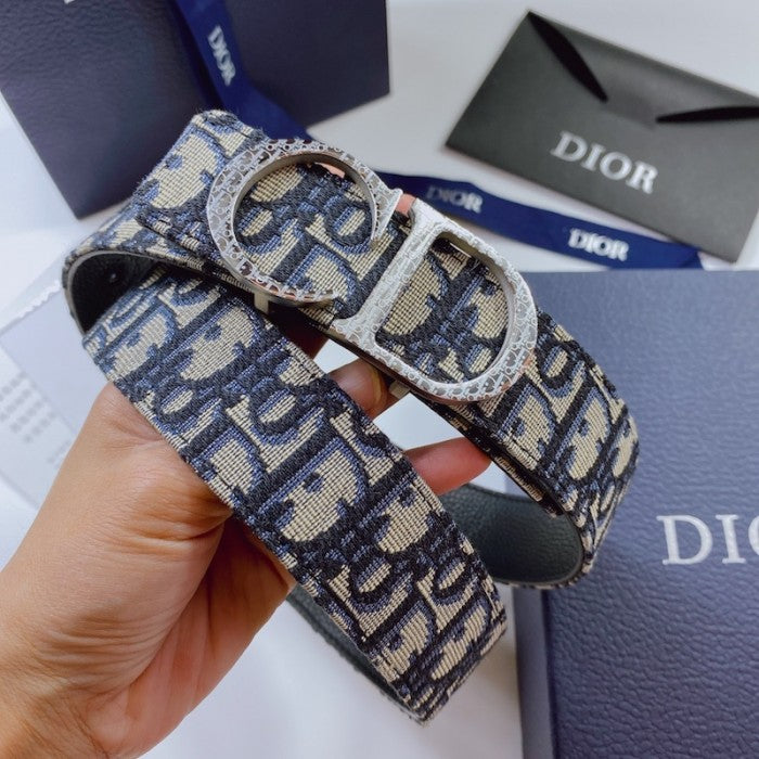 Dior Oblique Jacquard and Grained Calfskin 35 MM Belt Blue