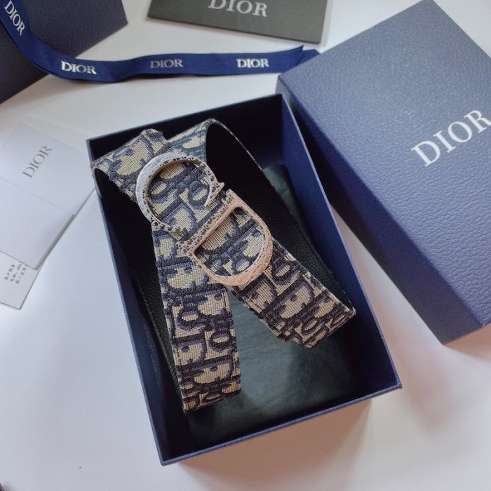 Dior Oblique Jacquard and Grained Calfskin 35 MM Belt Blue