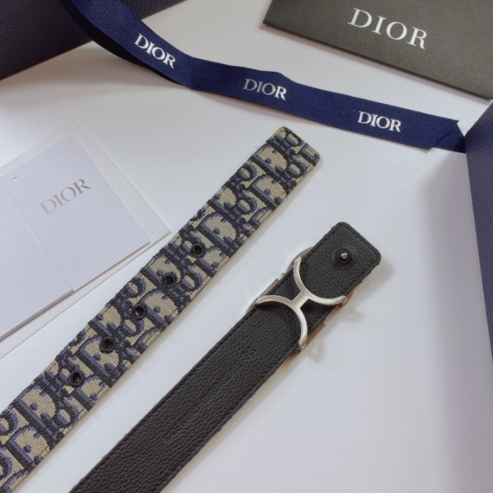 Dior Oblique Jacquard and Grained Calfskin 35 MM Belt Blue