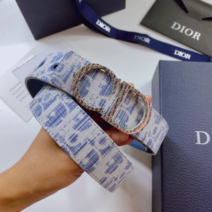 Dior Oblique Jacquard and Grained Calfskin 35 MM Belt Sky Blue