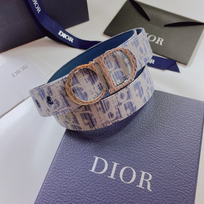 Dior Oblique Jacquard and Grained Calfskin 35 MM Belt Sky Blue