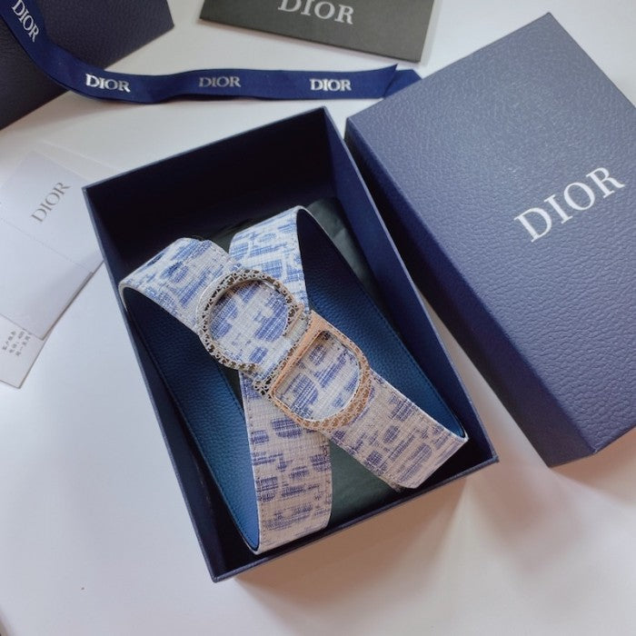 Dior Oblique Jacquard and Grained Calfskin 35 MM Belt Sky Blue