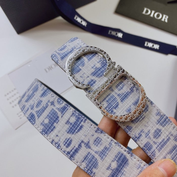 Dior Oblique Jacquard and Grained Calfskin 35 MM Belt Sky Blue