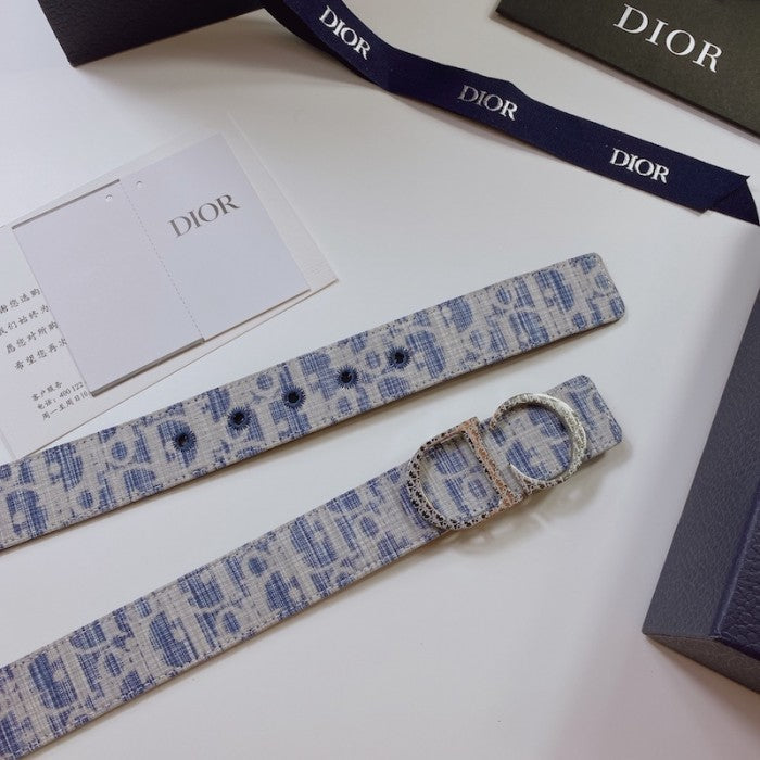 Dior Oblique Jacquard and Grained Calfskin 35 MM Belt Sky Blue