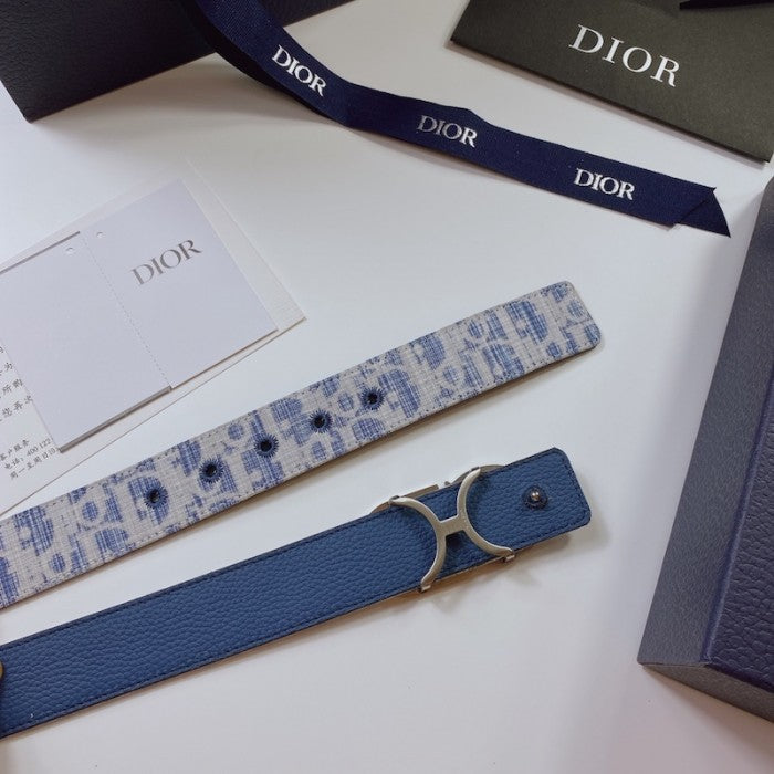 Dior Oblique Jacquard and Grained Calfskin 35 MM Belt Sky Blue