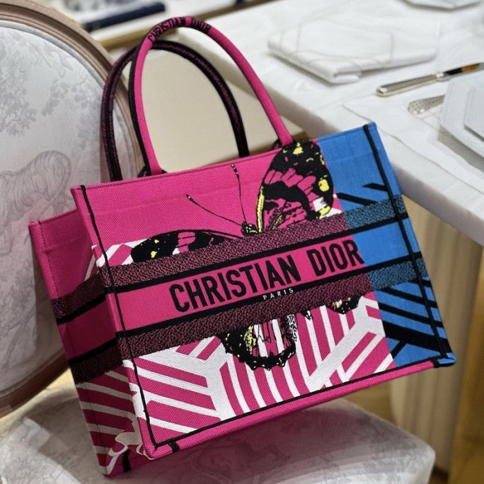 Medium Dior Book Tote Bright Pink and Blue D-Jungle Pop Embroidery