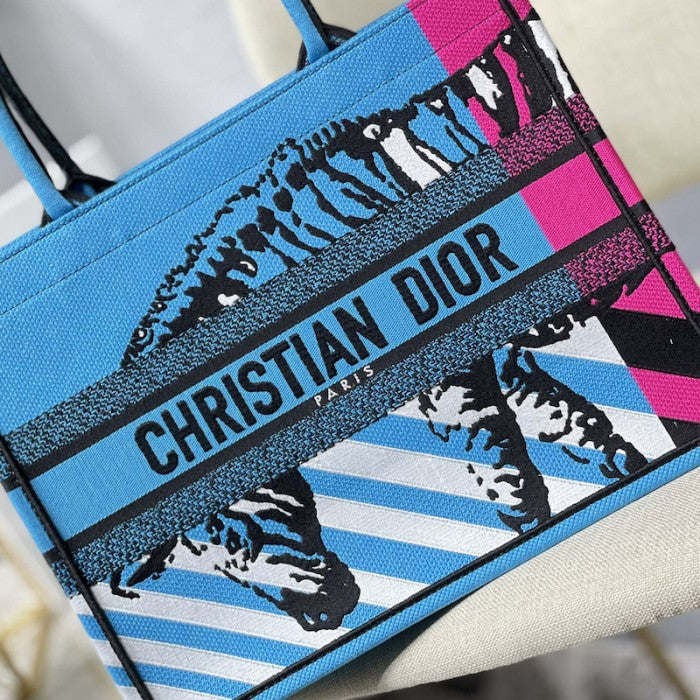 Medium Dior Book Tote Bright Blue and Pink D-Jungle Pop Embroidery