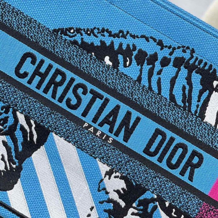 Medium Dior Book Tote Bright Blue and Pink D-Jungle Pop Embroidery