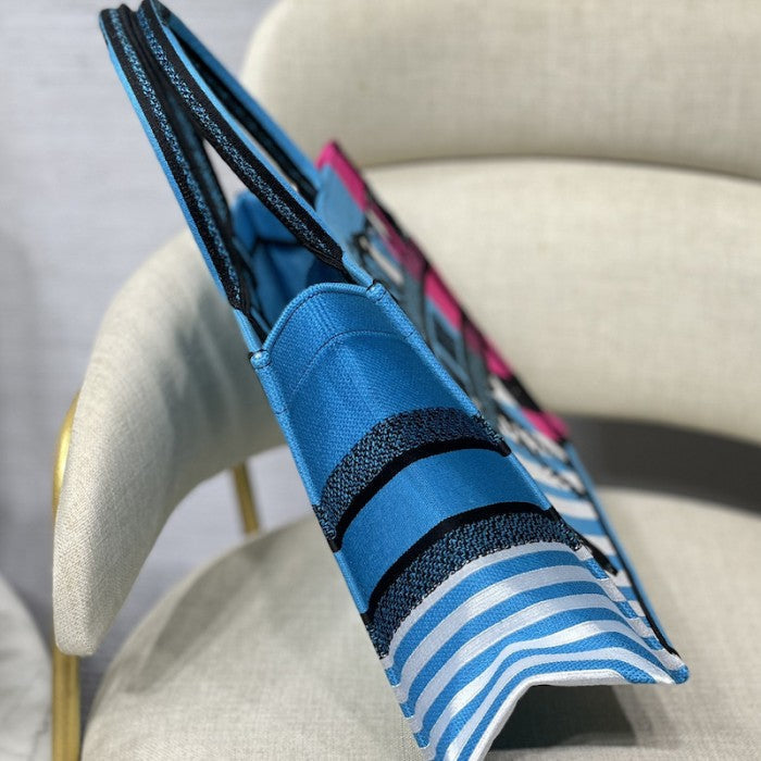 Medium Dior Book Tote Bright Blue and Pink D-Jungle Pop Embroidery