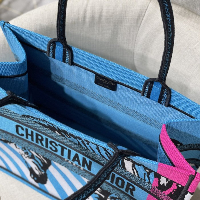 Medium Dior Book Tote Bright Blue and Pink D-Jungle Pop Embroidery