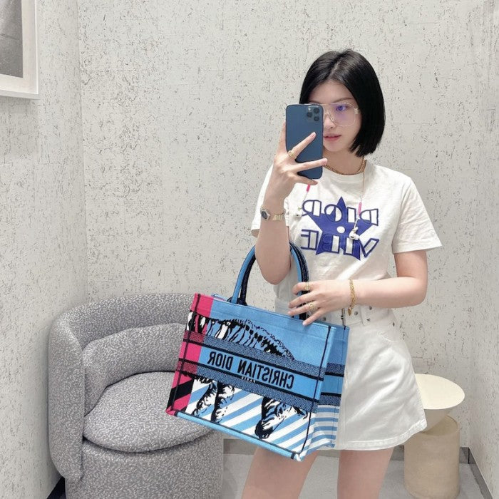 Medium Dior Book Tote Bright Blue and Pink D-Jungle Pop Embroidery